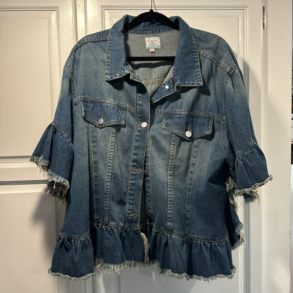 Hayden 1xl/2xl frayed ruffle denim jacket